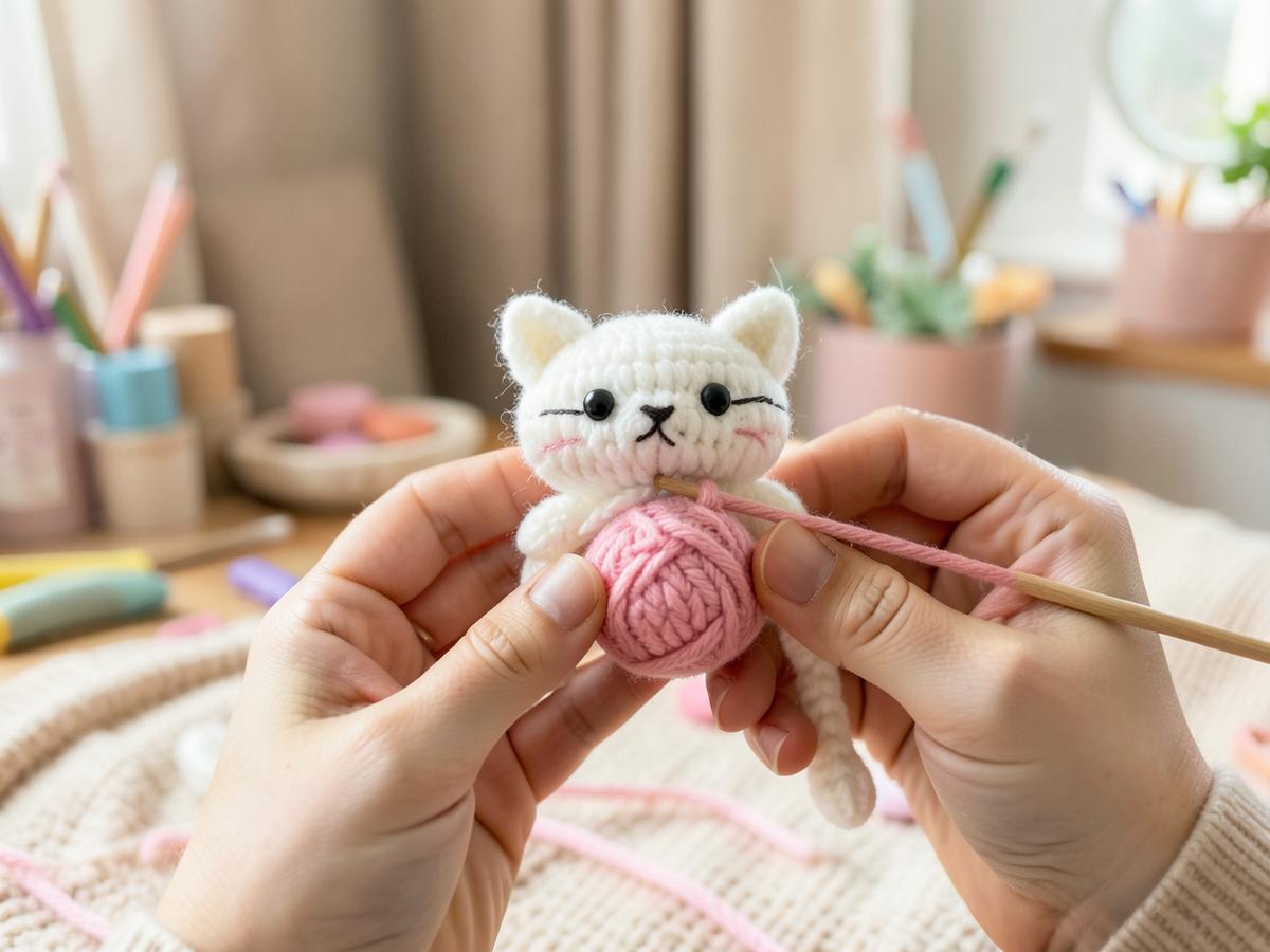 Hands crocheting a small white amigurumi cat with pink yarn