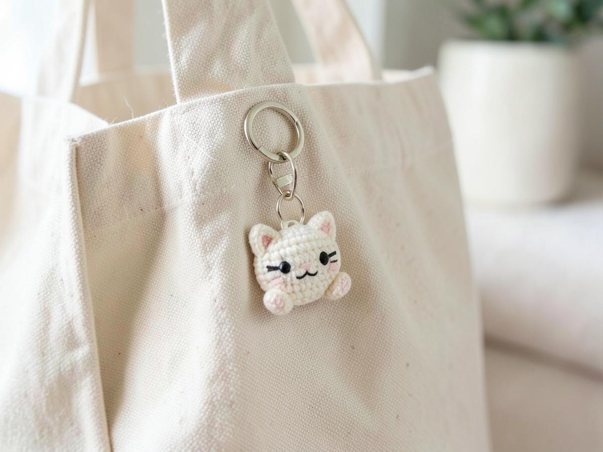 Cream crochet cat keychain clipped to a canvas tote bag